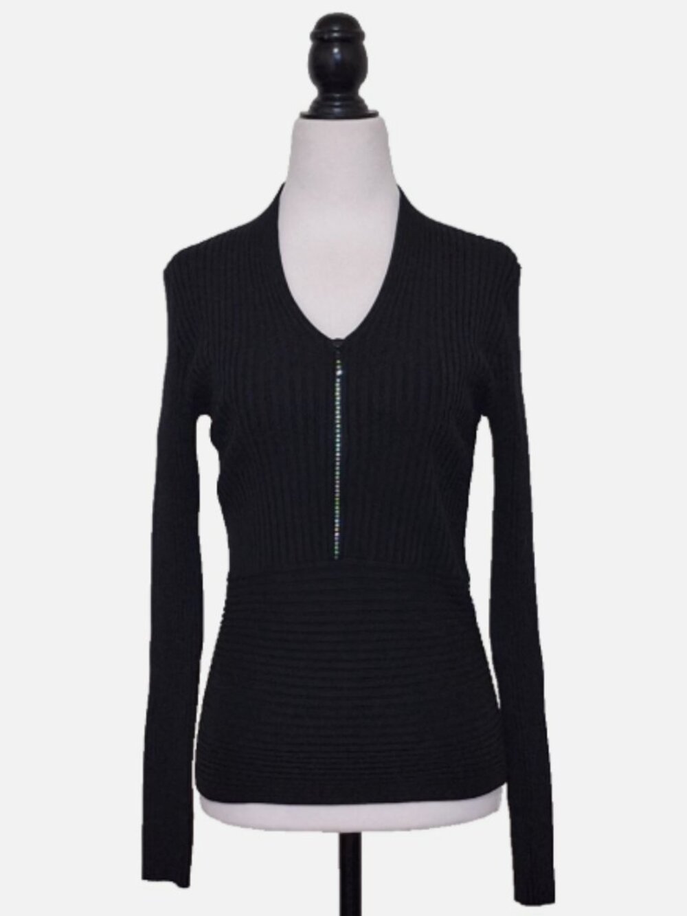 WAYNE ROGERS SILK BLEND RHINESTONE ZIP FRONT BLACK SWEATER SIZE LARGE VINTAGE